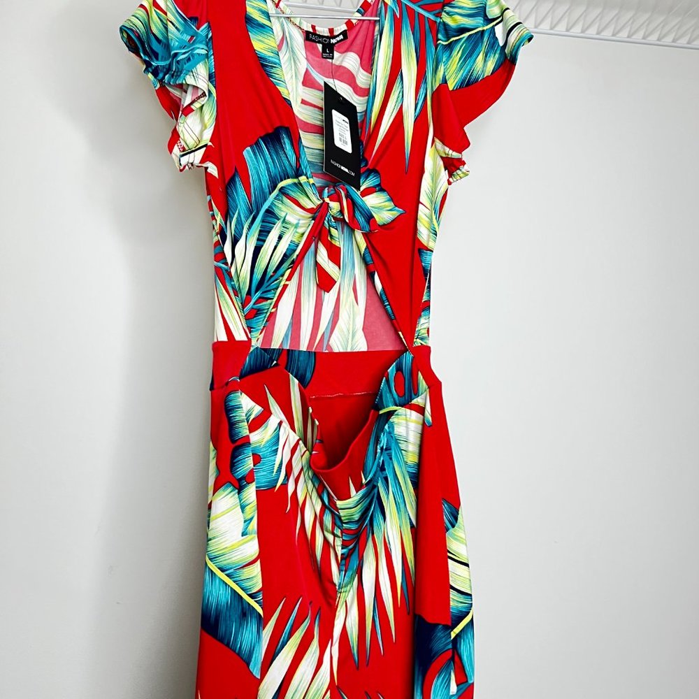 Fashion Nova Red Waist No Time Tropical Romper Large